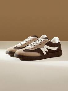 TCVC Women Vintage Patchwork Flat Sneakers, Faux Suede Contrast Graphic Lace-Up Low Top Casual Trainers, Gum Sole All-Match Daily Shoes - Brown - View 8