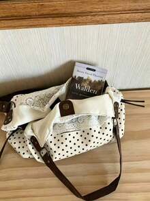 Dedoo 奶油黑波點女款 Hobo 肩背包，布料蕾絲拼接 PU 揹帶，金屬鉚釘 D 型環，大容量，適合女士日常通勤與旅行 - 米色 - 查看 6