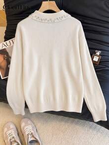 Plus Size Women's Rhinestone Lapel V-Neck Sweater, Long Sleeve Loose Fit Slimming Knit Pullover, Autumn/Winter Commute Casual Warm Top - Beige - View 2
