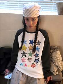 Y2K Sweet & Cool Style 1pc Women's Contrast Color Raglan Sleeve Colorful Cartoon Star Print Pattern Casual Versatile Loose Slimming Daily Street Date Long Sleeve T-Shirt Top - White - View 5