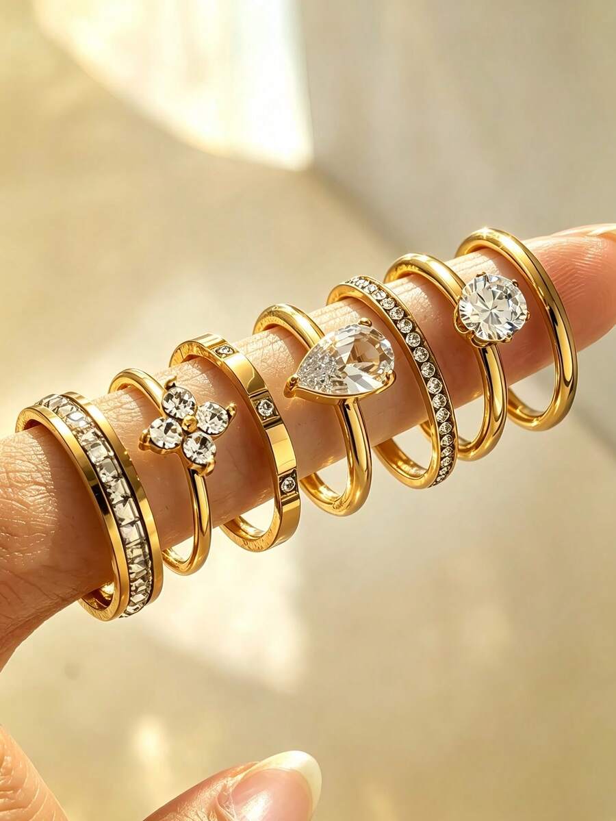 7pcs 18K Gold Plated Stainless Steel Ring Set, Stackable Rings, Clover, Ins Style, Waterproof Jewelry, Elegant Rings, Gemstone Rings, Gold Set Jewelry, Diamond Rings, Exquisite Gift,