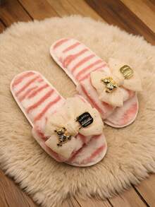 Chiffon Bow & Cartoon Bear Decor Sweet Delicate Plush Flat Slippers, Suitable For Autumn/Winter Home Use - Pink - View 2