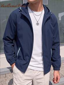 Vancamel Pulse Men's Solid Color Lightweight Hooded Functional Jacket, Loose Fit Comfortable Versatile Top With Large Pockets And Zipper Design, Sports Outerwear - Navy Blue - View 2