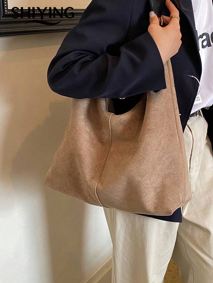 1pc Solid Color Suede New Women's Backpack, Shoulder Bag, Fashionable Large Capacity Crescent Bag, Zipper Closure, Suitable For Commuting, Shopping, Dating, Shopping