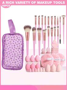 49Pcs/18Pcs/30Pcs Purple Pink Makeup Brushes Makeup Bag Triangle Puff Finger Puff Makeup Sponge Clean Sponge Pads Soft Brushes Set Dry Wet Use Cosmetic Sponge Portable Makeup Tool Kit - Multicolor - View 1