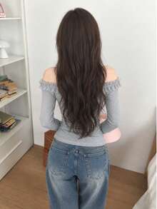 Korean Style Women's Cold Shoulder Ruffle Long Sleeve Top, Knitted Fabric, Slightly Elastic, Regular Fit, Suitable For Autumn Wear - Grey - View 5