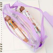 1pc Pink Transparent Square Mesh Pencil Case, Lightweight And Practical, Suitable For Office Desk, Portable Storage Bag, Large Capacity Makeup Brush Bag, Random Color, Random Packaging - A - View 4