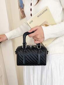 Vintage Woven Pattern Small Boston Handbag, Glossy Chain Crossbody Mini Bag, Commuter Versatile Mini Women's Bag - Black - View 5