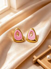 Asymmetrical Hollow Triangle Enamel Stud Earrings, Stainless Steel Textured Geometric Exaggerated Women's Ear Jewelry, Hypoallergenic Fade-Resistant, Fashionable Versatile, Suitable For Various Occasions - Multicolor - View 14