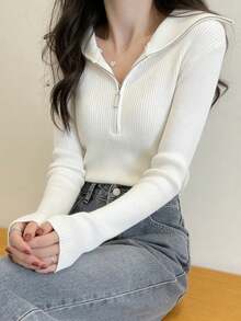 女款休閒修身百搭設計拉鍊半開領長袖針織毛衣上衣 - 白色 - 查看 4