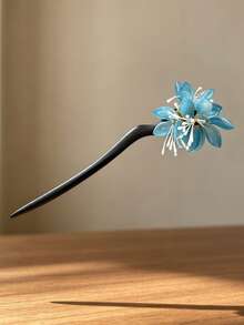 1pc Blue Glass Flower Tassel Hair Stick, Women's Elegant Updo Hair Accessory, Suitable For Daily Wear, Party, Back Of Head Styling, Gift - Multicolor - View 4