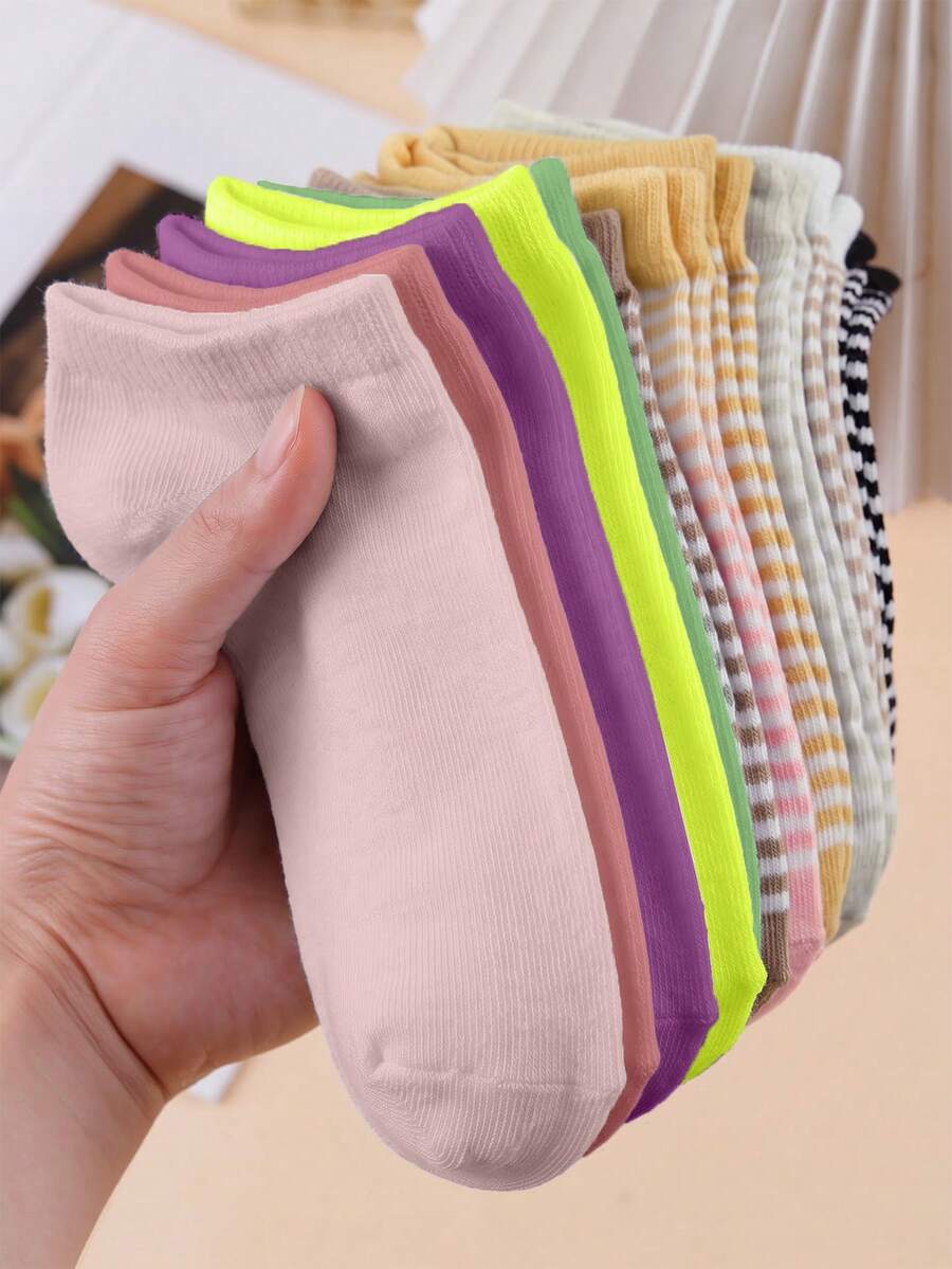 1 Pair/3 Pairs/5 Pairs/10 Pairs Random Style Women's Macaron Striped Casual Socks, Soft And Skin-Friendly, Suitable For Spring And Summer Daily Wear - Multicolor - View 1