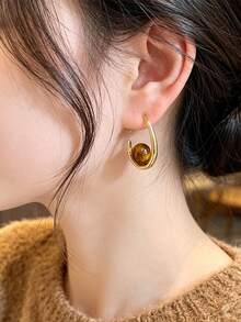 1 Pair Vintage Tiger Eye Teardrop Earrings For Women, High-End Luxury Gold Hoop Earrings With Atmospheric Vibe - Brown - View 7