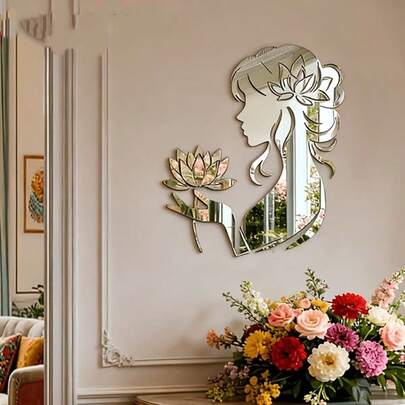 1 Set Acrylic Mirror Wall Stickers, Lotus Girl Shaped Self-Adhesive Mirror Decals, Suitable For Room, Bedroom, Dorm, Bathroom, Dressing Mirror, Soft Mirror Wall Stickers