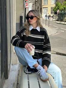OJOK Korean Style New Round Neck Contrast Color Striped Loose Casual Women's Sweater - Black - View 1