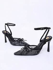 Women's Black Lace Mesh Pointed Toe Ankle Strap High Heel Pumps With Bow, Stiletto Heel Dress Shoes For Graduation, Prom, Wedding Guest, Dating - Black - View 4