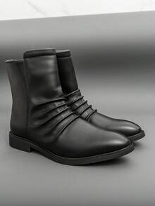 Black Pointed Toe Ankle Boots For Men, Shiny Finish With Unique Wrinkled Detail, Side Zipper Design, Business Casual Fashion, All-Season Footwear - Black - View 1