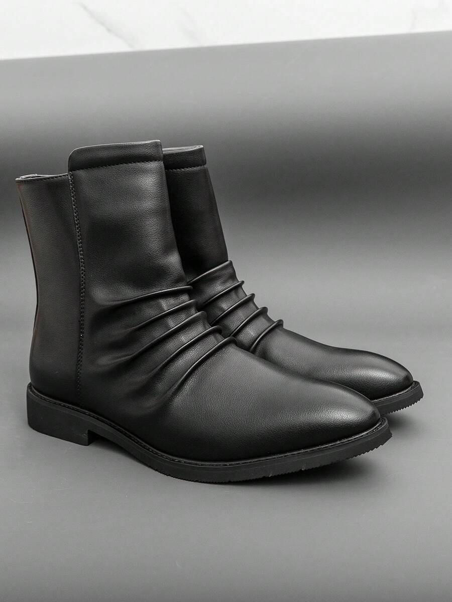 Black Pointed Toe Ankle Boots For Men, Shiny Finish With Unique Wrinkled Detail, Side Zipper Design, Business Casual Fashion, All-Season Footwear - Black - View 1