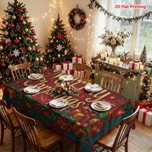 1/2件組聖誕主題桌布，金色「Merry Christmas」文字，環繞冬青葉、紅漿果、懸掛紅球裝飾、雪花、禮物盒與緞帶，適用廚房餐桌布置、餐廳節日裝飾、野餐露營場景、派對桌面點綴、農舍風創作、日常桌面美化與節日氛圍提升 - 彩色 - 查看 2