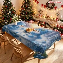 1/2pcs Blue Christmas Snowman Theme Tablecloth, Featuring Snowman, Pine Tree, Colorful Balls, Gift Box, Berries And Winter Forest Background, Suitable For Dining Table, Kitchen Countertop, Picnic Camping, Party Decor, Farmhouse Decoration, Desktop Accent And Holiday Atmosphere - Multicolor - View 8