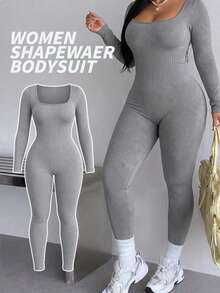 Rosiemei 1pc Plus Size Women Seamless Long Sleeve Corset, U-Neck With Finger Loop Cuffs,Tummy Control And Butt Lift - Grey - View 3