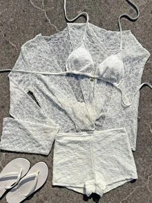 Women's White Lace 3-Piece Set, Perfect For Elegant Beach Vacation Looks - Multicolor - View 2