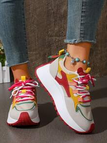 Women's Multi-Color Contrast Patchwork Faux Suede Thick Sole Sneakers, Dual-Color Shoelaces With Contrast Decorative Patches, Thick Sole Retro Casual Shoes - Hot Pink - View 6