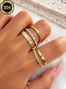 5pcs/Set Women's Minimalist Elegant Crushed Ice Stackable Rings, Daily Commute Wear, Holiday Outfit Accessory - Gold - View 11