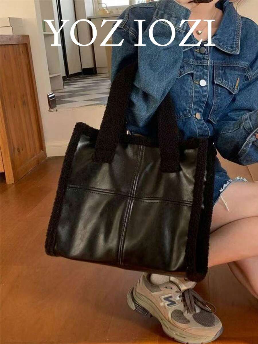 日韓風百搭時尚黑色小眾設計女款極簡大容量托特包,適合秋冬通勤、出遊、日常購物,可肩背 - 黑色 - 查看 1