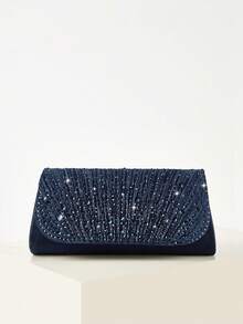 REMANLAND Glamorous Rhinestone Decorated Chain Strap Handbag, Magnetic Closure, Elegant Fashion Party Bag, Wedding Items - Navy Blue - View 3