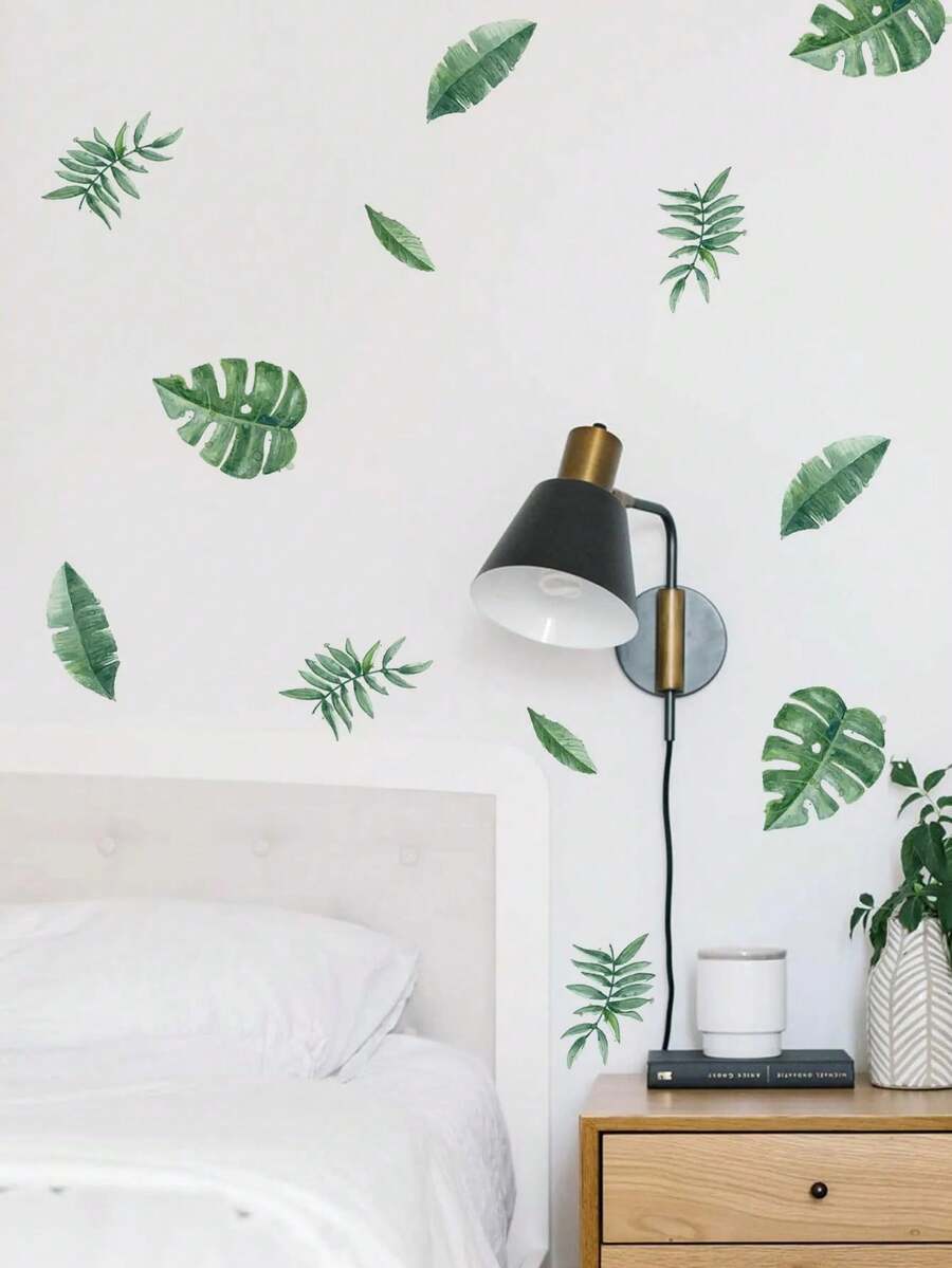6pcs/Set Leaf Print Wall Stickers, Green Self-Adhesive Wall Decals, For Home Decor, Stickers, Wall Stickers, For Home Decoration Items, Spring Decoration Items Refresh Your Home, Holiday Decoration Stickers Gift Birthday Graduation - Multi-color - View 1