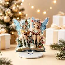 2D Flat Acrylic Fairy Desktop Ornament, Double Fairies With Butterfly Wings Reading, Waterproof Acrylic Decor, Fantasy Home Decor And Gift - A - View 2