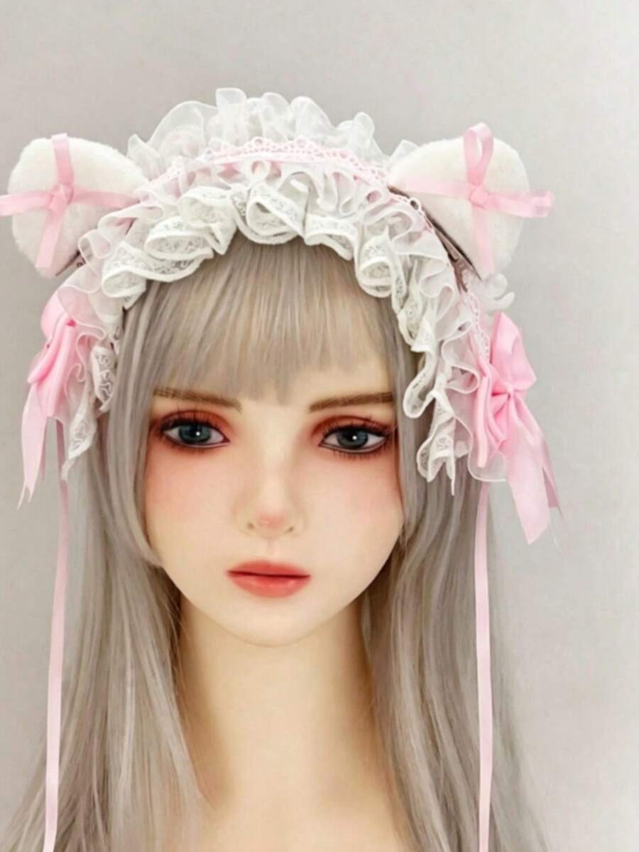 Japanese Lolita Cat Girl Plush Headband With Lace Cat Ears - Multicolor - View 1