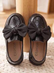 Girls Black Loafers Patent Leather Satin Bow Thick Non-Slip School Performance Versatile Shoes! - Black - View 4