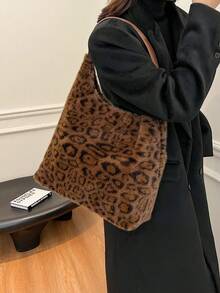 女款秋冬豹紋毛絨大容量托特包，超大號單肩包，新款時尚設計休閒通勤購物包 - 咖啡 - 查看 7