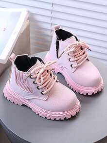 Cool Streetwear Boys Girls Combat Style Boots Thick Rope Laces Patchwork Design Heavy Bottom Fashion Shoes For Toddlers Daily Wear - Pink - View 3