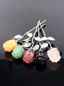 1pc Natural Crystal Carved Rose Flower Ornament, Multi-Color Mineral Craft Desktop Decoration Small Figurine, Metal Stem And Leaf Rose Bouquet - Rose Bouquet - View 3