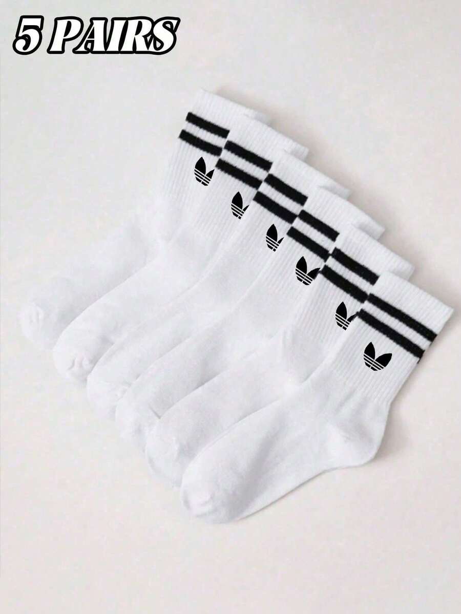 1/5 Pairs, Unisex, White Striped Mid-Calf Sports Socks, Casual, Minimalist, Comfortable, Suitable For Daily Wear, With Collegiate Style - White - View 1