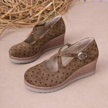 Polka Dot Round Toe Wedge Heel Buckle Strap Height-Increasing Retro Fashion Casual Loafers - Brown - View 8