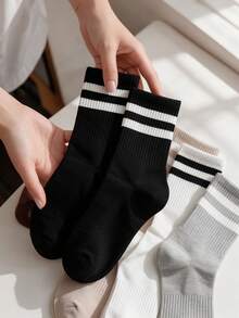6/3/1 Pairs Random Style Women's Striped Breathable Business Casual Sports Running Cycling Multi-Purpose Student Mid-Calf Socks - Multicolor - View 4