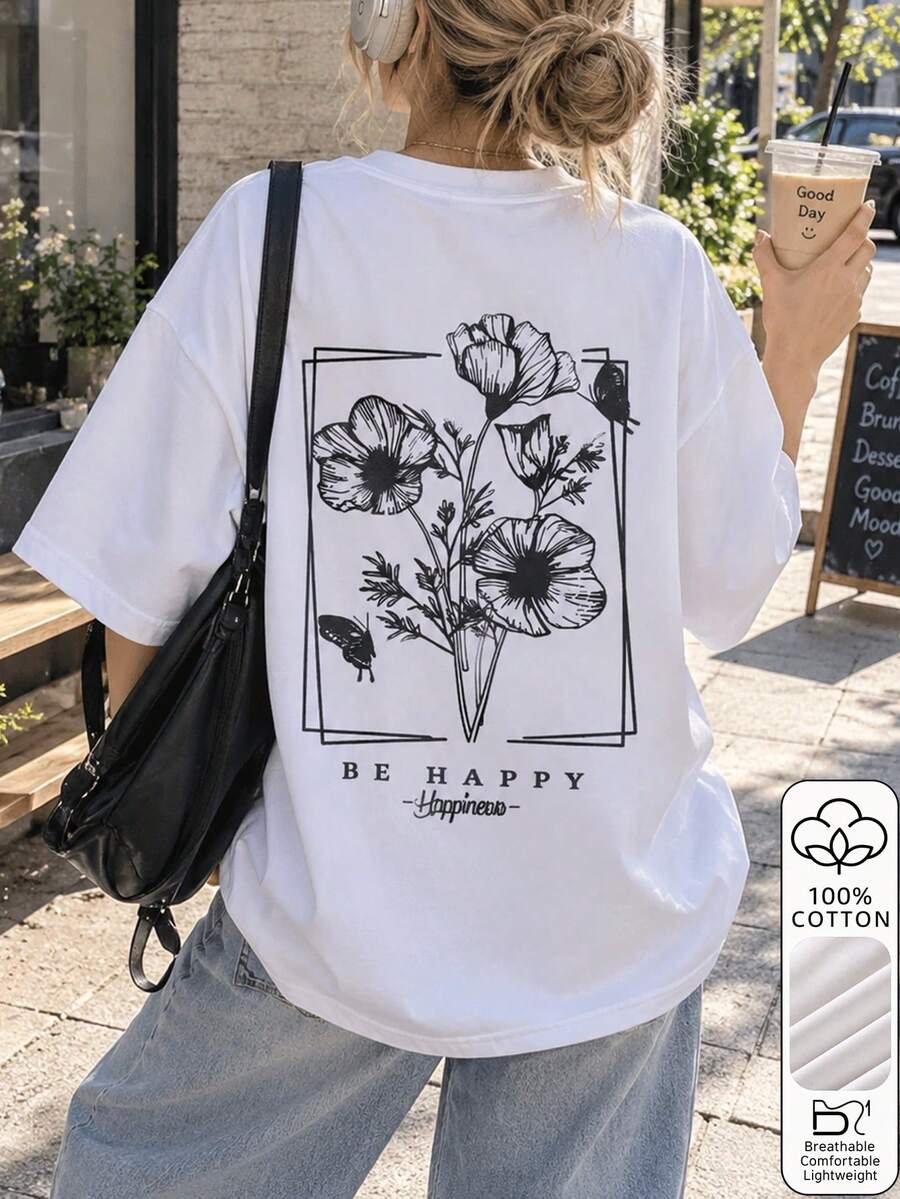 女款 100% 純棉花卉圖案短袖圓領寬鬆休閒 T 恤,蝴蝶背部印花夏季街頭風上衣 - 白色 - 查看 1
