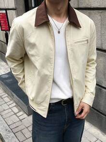 Vintage Colorblock Collar Short Jacket Men's American Style Contrast Lapel Zip-Up Silhouette Workwear Coat Spring Autumn - Light Yellow - View 4