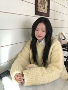 Sweater Wanita Lengan Panjang Longgar Leher Bulat Warna Polos Gaya Kampus, Musim Gugur/Dingin - Aprikot - View 2