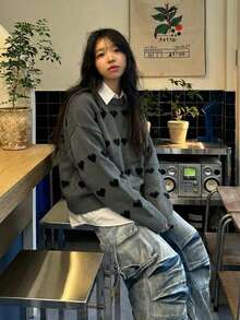 Sweater Kasual Longgar Serbaguna Motif Hati untuk Hari Valentine - Grey - View 3