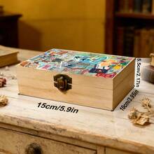 1pc Wooden Storage Box, Travel Theme Gift Box With Illustration, Small Keepsake Box For Souvenir Storage, Memory Preservation, Desk Organization, Modern Home Decor - Multicolor - View 4
