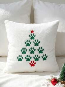 1pc Christmas Dog Paw Print & Christmas Tree Embroidered Throw Pillow Cover – Festive Home Decor For Sofa Or Bedside (Autumn/Winter) – Machine Washable, Zipper Closure (Insert Not Included) - White - View 6