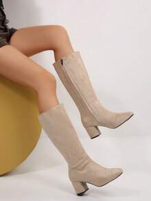 Sepatu Bot Setinggi Lutut Wanita Terbaru Musim Gugur Warna Cokelat, Ujung Lancip, Hak Tebal, Resleting Samping, Sepatu Bot Elegan Cocok Untuk Perjalanan Sehari-hari, Kencan, Pesta - Krem - View 6