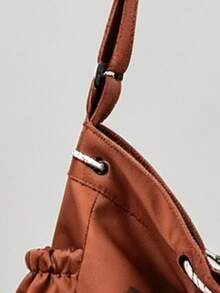 Vintage Brown Drawstring Tote Bag For Women, Large Capacity Casual Shoulder Bag, Patchwork Plaid Pocket Letter Print Canvas Commuter Bag - Orange - View 2