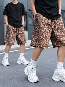 1pc Men's American Street Style Leopard Print Casual Shorts Loose Fit Bermuda Mid-Length Shorts - Multicolor - View 1