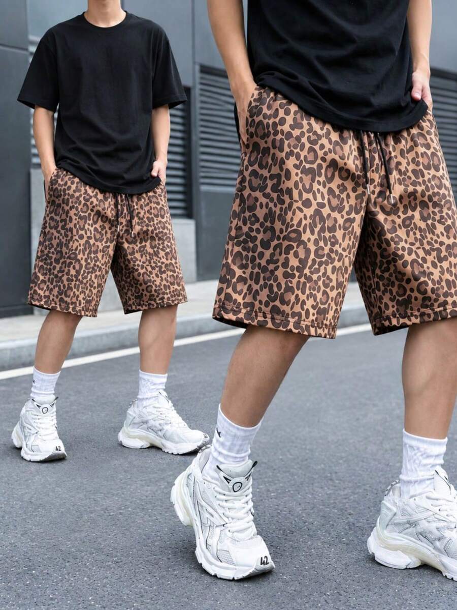 1pc Men's American Street Style Leopard Print Casual Shorts Loose Fit Bermuda Mid-Length Shorts - Multicolor - View 1